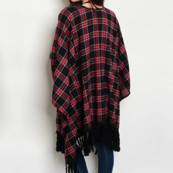B2G1 NEW Red Plaid Flannel Fringe Poncho - 1 Left! - Picture 2 of 2